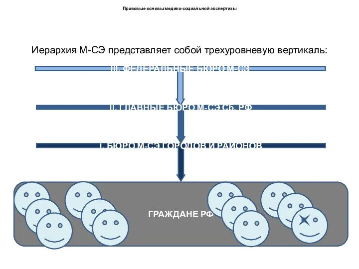 Иерархия М-СЭ представляет собой трехуровневую вертикаль: Правовые основы медико-социальной экспертизы ГРАЖДАНЕ РФ