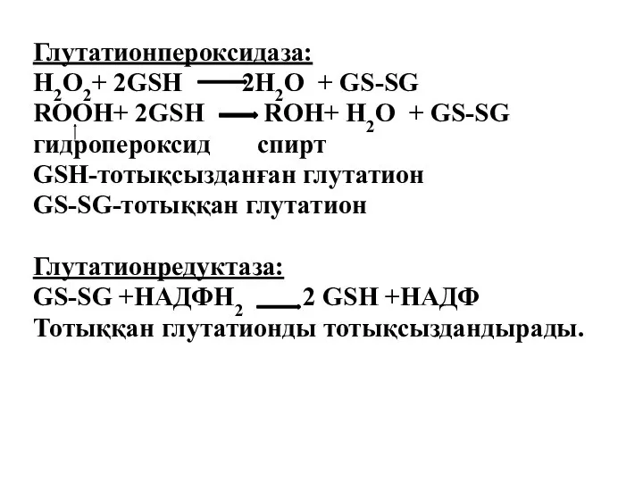 Глутатионпероксидаза: Н2О2+ 2GSH 2H2O + GS-SG ROOH+ 2GSH ROH+ H2O