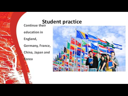 Student practice Continue their education in England, Germany, France, China, Japan and Korea