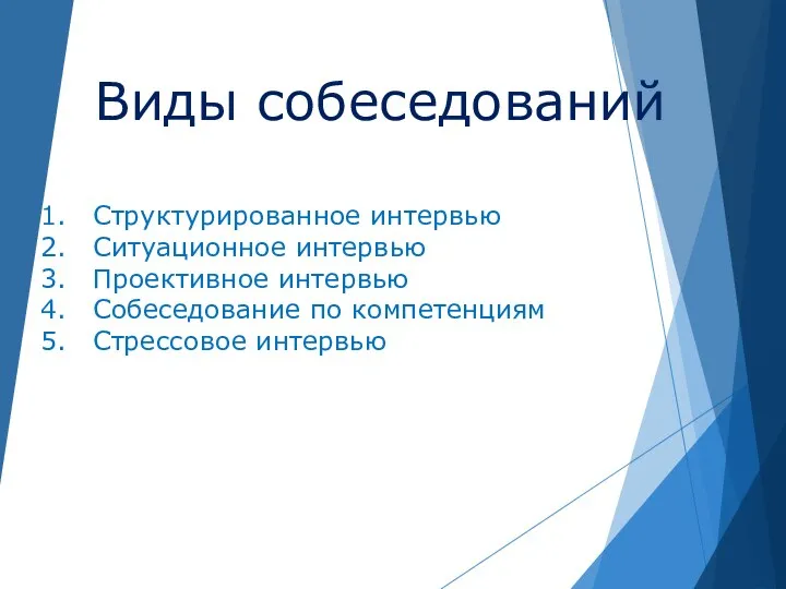 Виды собеседований Структурированное интервью Ситуационное интервью Проективное интервью Собеседование по компетенциям Стрессовое интервью