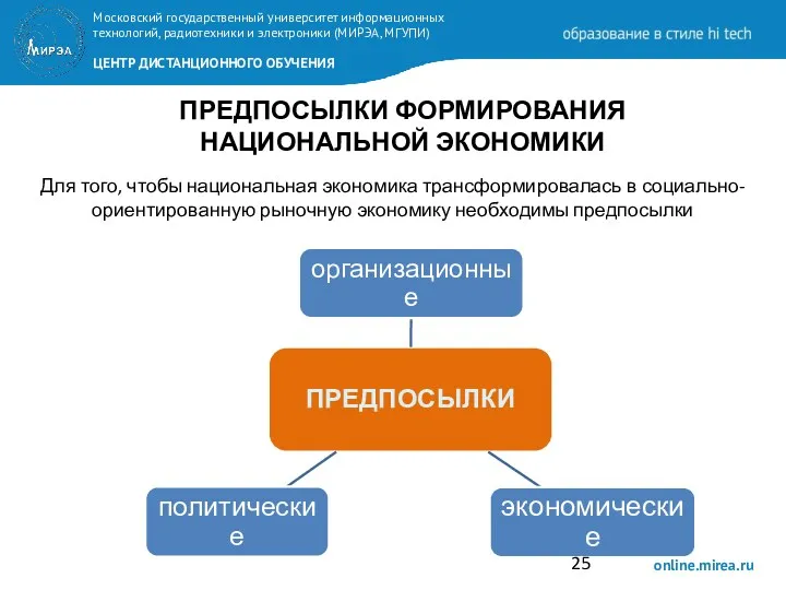 ПРЕДПОСЫЛКИ ФОРМИРОВАНИЯ НАЦИОНАЛЬНОЙ ЭКОНОМИКИ Для того, чтобы национальная экономика трансформировалась в социально-ориентированную рыночную экономику необходимы предпосылки