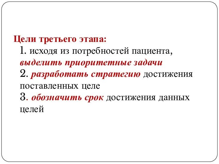 Цели третьего этапа: 1. исходя из потребностей пациента, выделить приоритетные