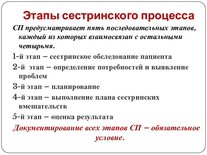 Этапы сестринского процесса СП предусматривает пять последовательных этапов, каждый из