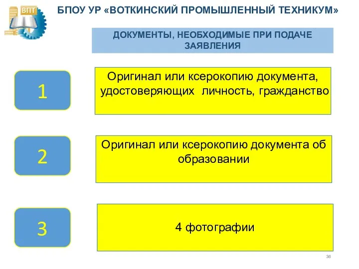 БПОУ УР «ВОТКИНСКИЙ ПРОМЫШЛЕННЫЙ ТЕХНИКУМ» ДОКУМЕНТЫ, НЕОБХОДИМЫЕ ПРИ ПОДАЧЕ ЗАЯВЛЕНИЯ