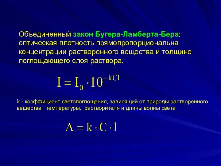 Объединенный закон Бугера-Ламберта-Бера: оптическая плотность прямопропорциональна концентрации растворенного вещества и