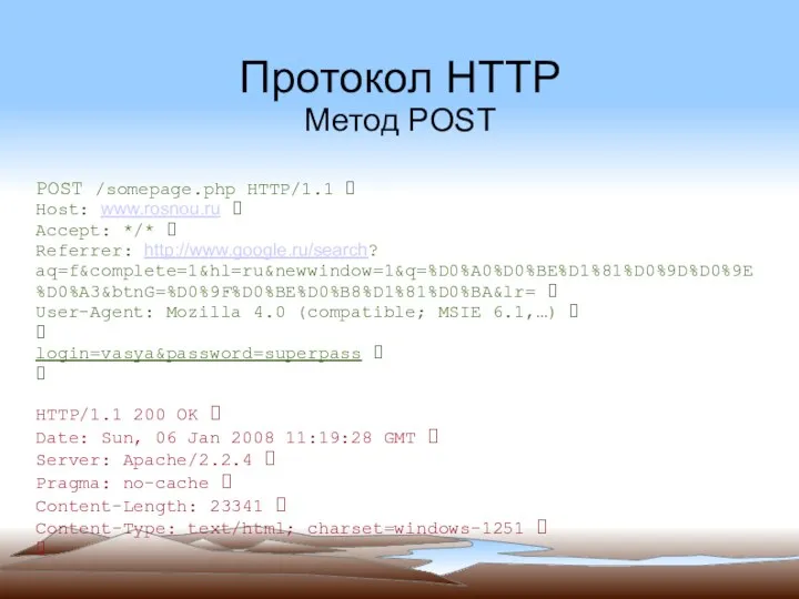 Протокол HTTP Метод POST POST /somepage.php HTTP/1.1 ⮱ Host: www.rosnou.ru