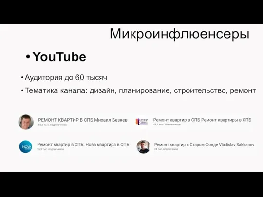 Микроинфлюенсеры YouTube Аудитория до 60 тысяч Тематика канала: дизайн, планирование, строительство, ремонт