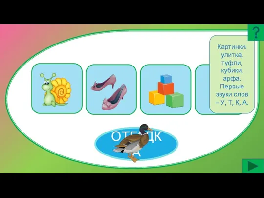 ОТГАДКА Картинки: улитка, туфли, кубики, арфа. Первые звуки слов – У, Т, К, А.