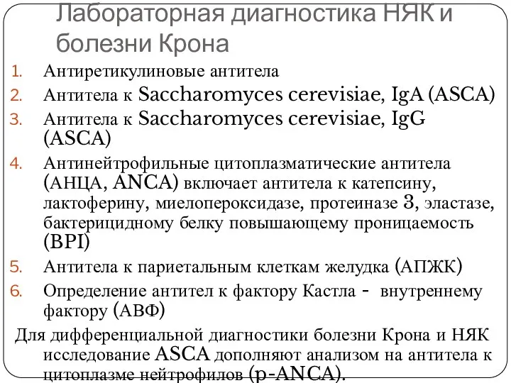 Антиретикулиновые антитела Антитела к Saccharomyces cerevisiae, IgA (ASCA) Антитела к Saccharomyces cerevisiae, IgG