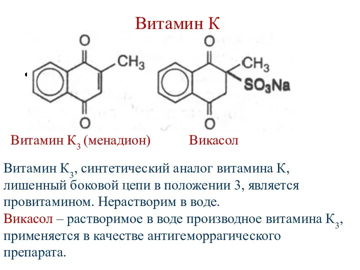 Витамин К Витамин К3 (менадион) Викасол Витамин К3, синтетический аналог витамина К, лишенный