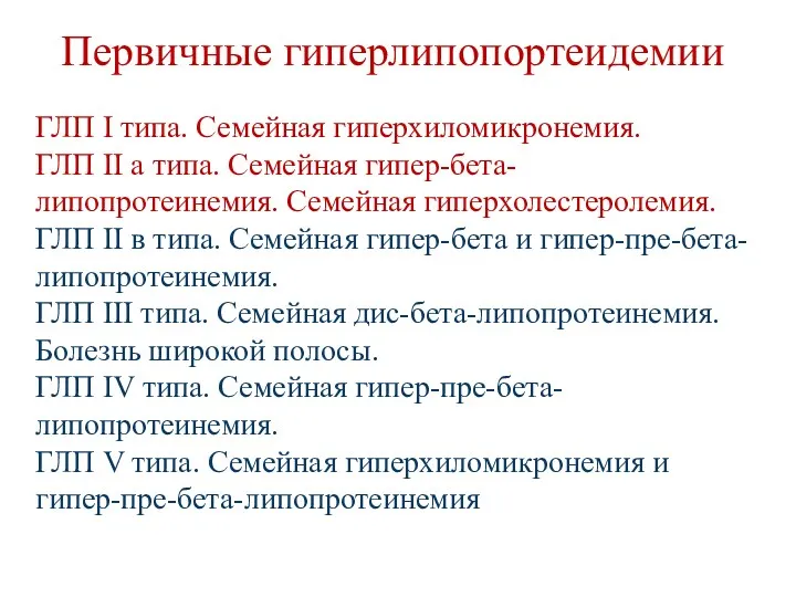 Первичные гиперлипопортеидемии ГЛП I типа. Семейная гиперхиломикронемия. ГЛП II а