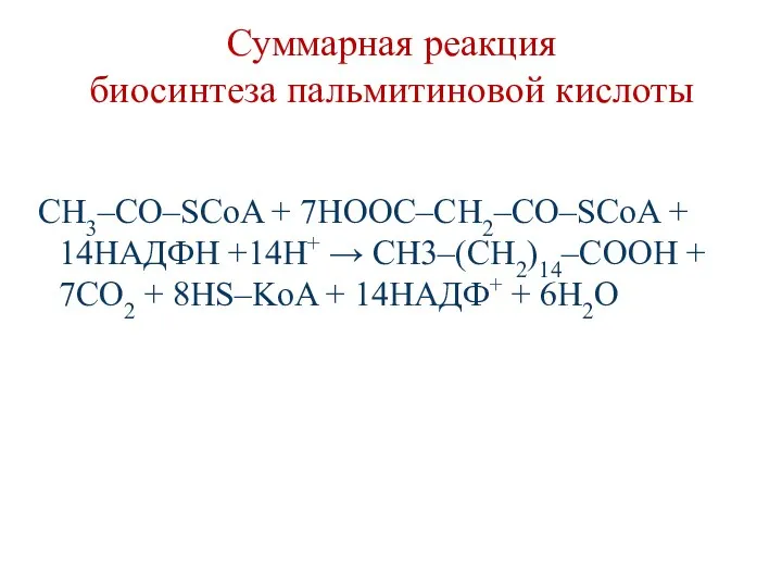 Суммарная реакция биосинтеза пальмитиновой кислоты СН3–СО–SСoA + 7НООС–СН2–СО–SСoA + 14НАДФН +14Н+ → СН3–(СН2)14–СООН