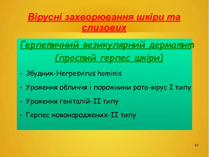 Вірусні захворювання шкіри та слизових Герпетичний везикулярний дерматит(простий герпес шкіри)