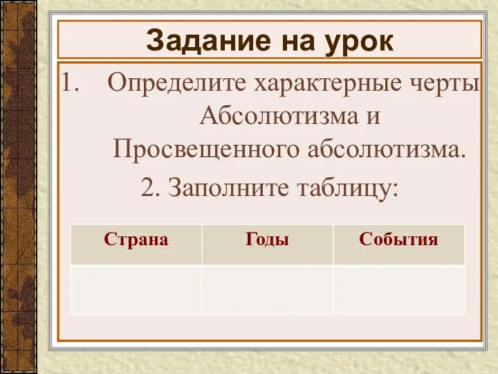 Задание на урок Определите характерные черты Абсолютизма и Просвещенного абсолютизма. 2. Заполните таблицу: