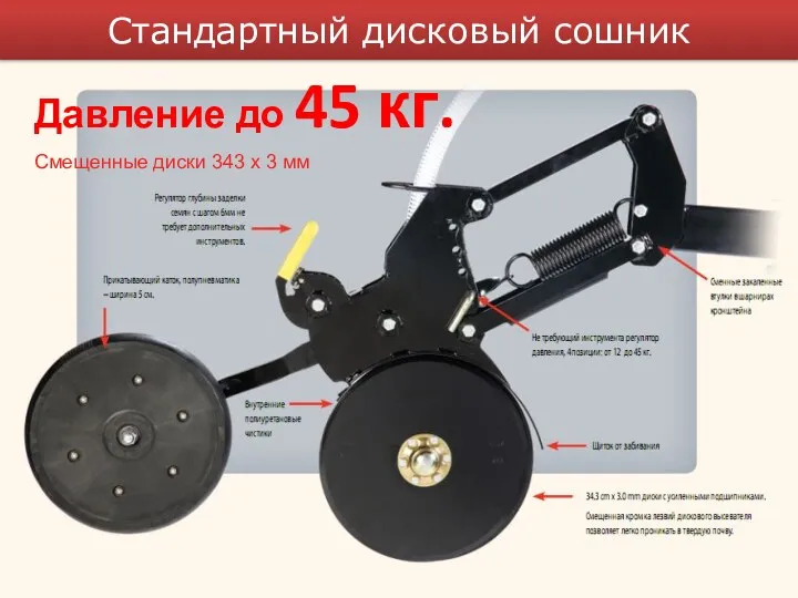 Стандартный дисковый сошник Давление до 45 кг. Смещенные диски 343 х 3 мм