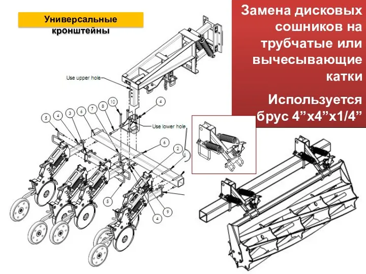 Замена дисковых сошников на трубчатые или вычесывающие катки Используется брус 4”x4”x1/4” Универсальные кронштейны