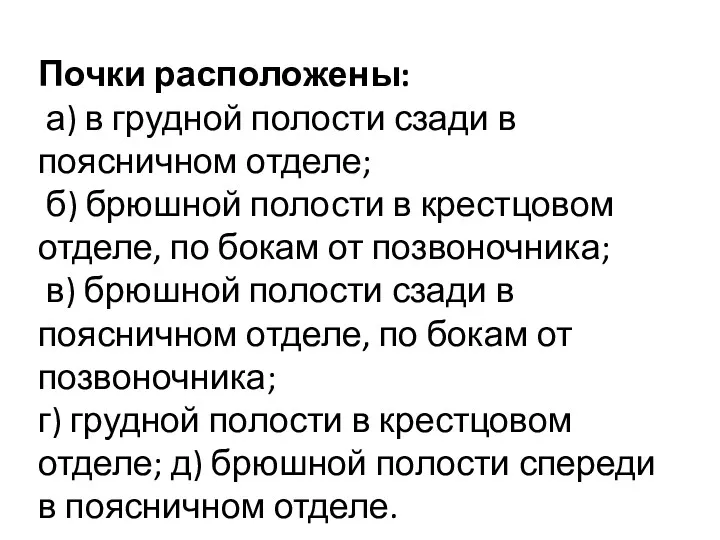 Почки расположены: а) в грудной полости сзади в поясничном отделе;