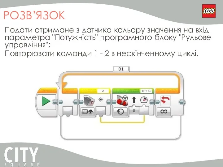 РОЗВ’ЯЗОК Подати отримане з датчика кольору значення на вхід параметра "Потужність" програмного блоку