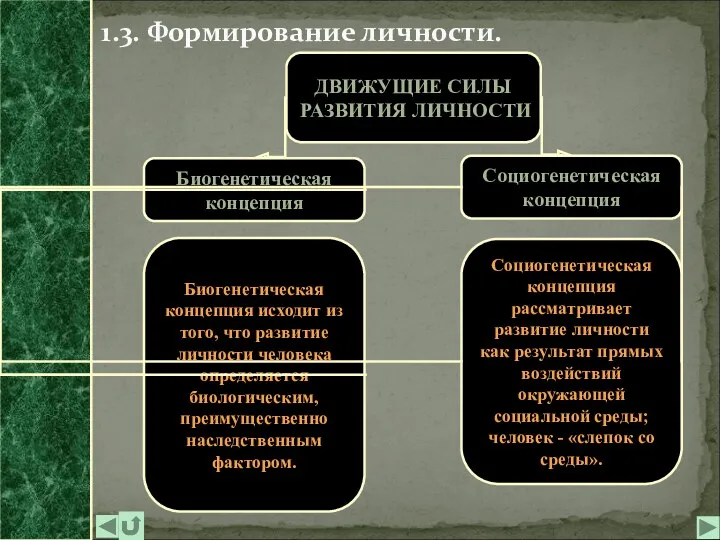 1.3. Формирование личности. ДВИЖУЩИЕ СИЛЫ РАЗВИТИЯ ЛИЧНОСТИ Биогенетическая концепция Социогенетическая концепция