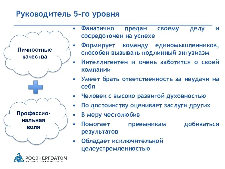 Руководитель 5-го уровня Фанатично предан своему делу и сосредоточен на