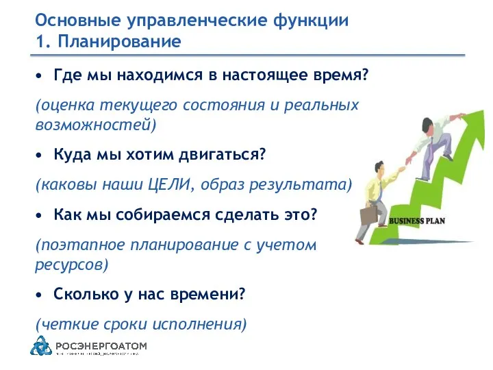 Основные управленческие функции 1. Планирование Где мы находимся в настоящее