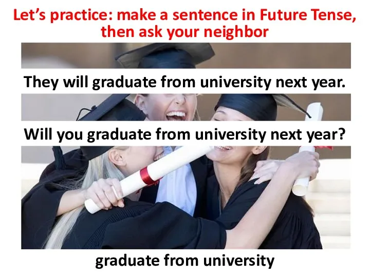 Let’s practice: make a sentence in Future Tense, then ask