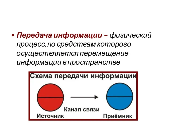 Передача информации – физический процесс, по средствам которого осуществляется перемещение информации в пространстве