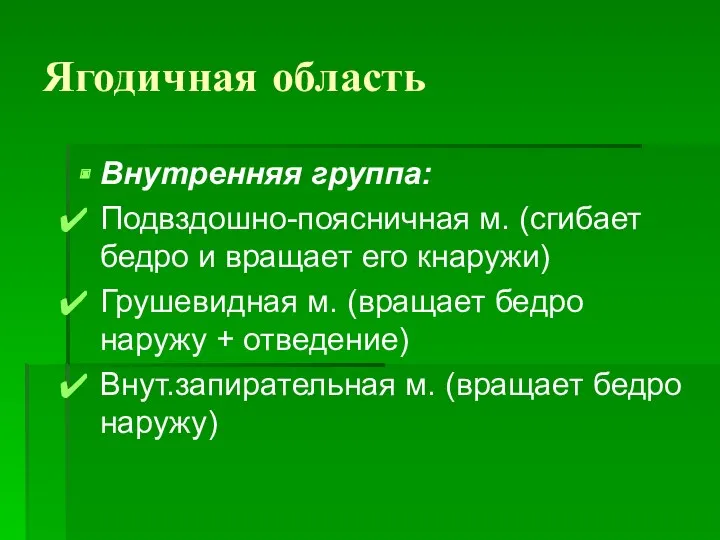 Ягодичная область Внутренняя группа: Подвздошно-поясничная м. (сгибает бедро и вращает