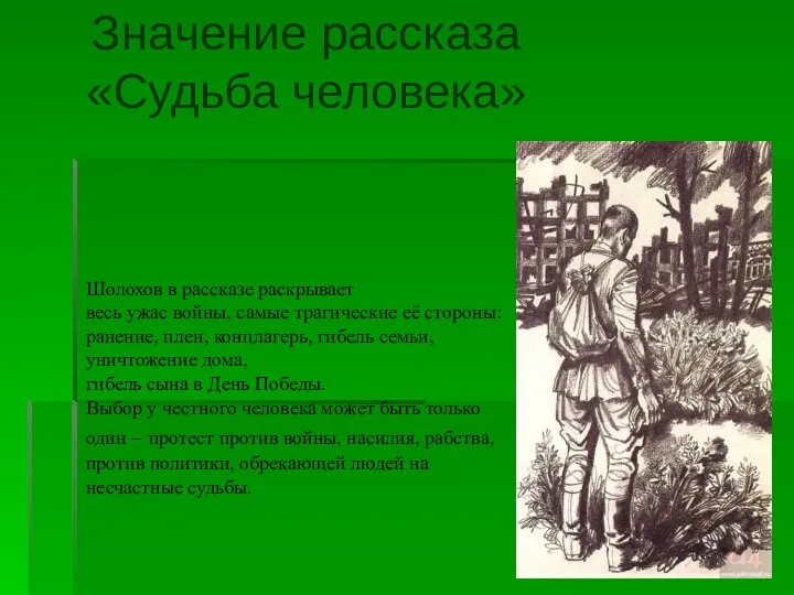 Значение рассказа «Судьба человека» Шолохов в рассказе раскрывает весь ужас