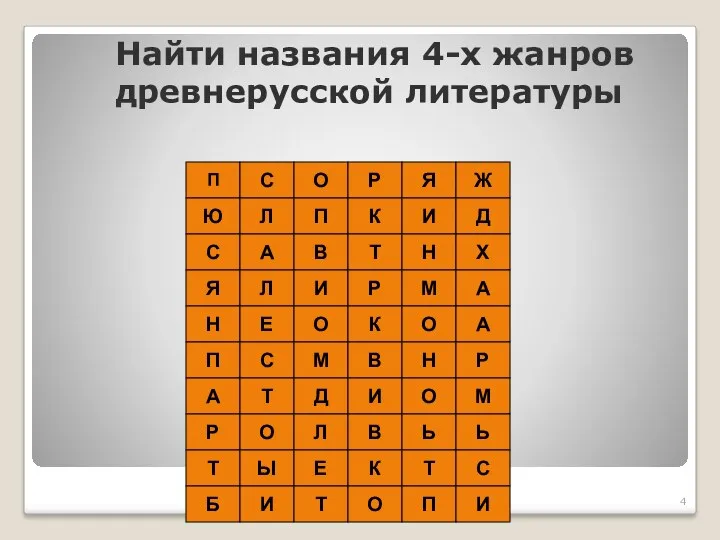 * Найти названия 4-х жанров древнерусской литературы Я Ж И Д С А