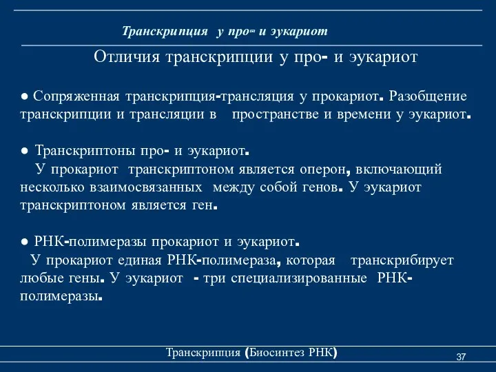 Транскрипция (Биосинтез РНК) Транскрипция у про- и эукариот Отличия транскрипции