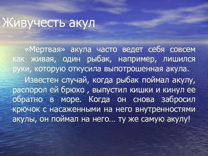 Живучесть акул «Мертвая» акула часто ведет себя совсем как живая,