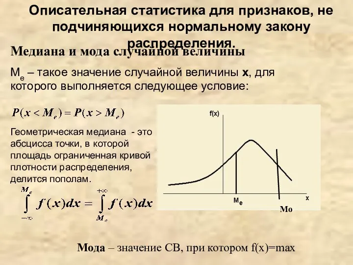 Описательная статистика для признаков, не подчиняющихся нормальному закону распределения. Медиана