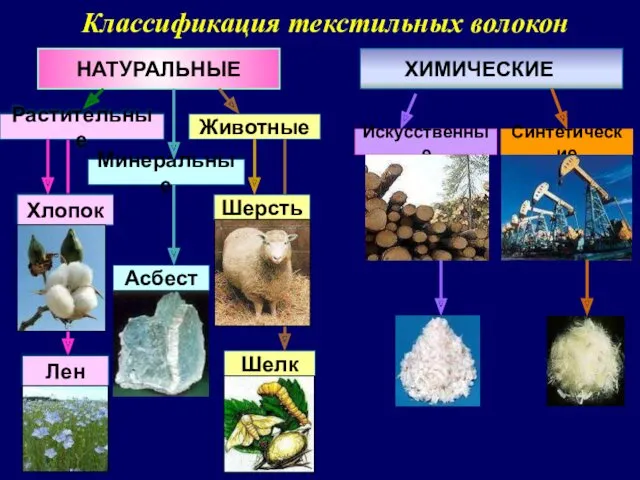 Классификация текстильных волокон НАТУРАЛЬНЫЕ Искусственные Синтетические Растительные Животные Минеральные Хлопок Лен Шерсть Шелк Асбест ХИМИЧЕСКИЕ