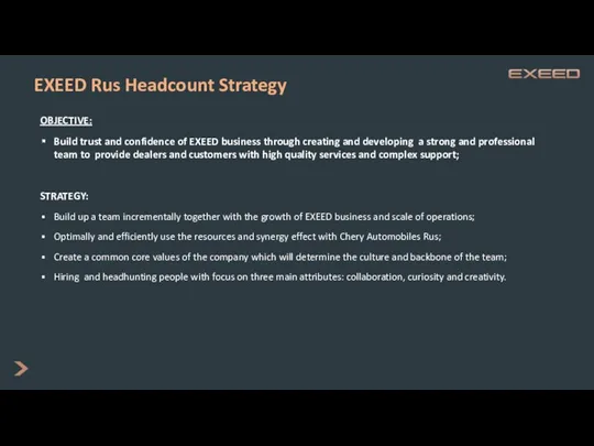 EXEED Rus Headcount Strategy OBJECTIVE: Build trust and confidence of