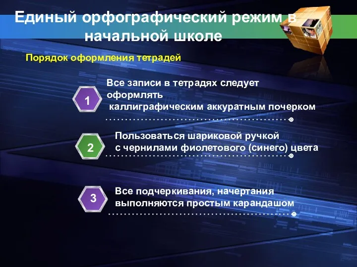 Единый орфографический режим в начальной школе Все записи в тетрадях следует оформлять каллиграфическим