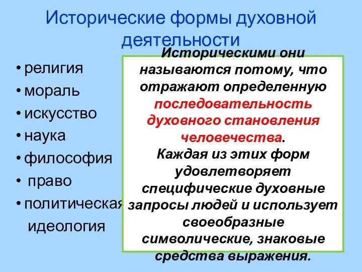 Исторические формы духовной деятельности религия мораль искусство наука философия право