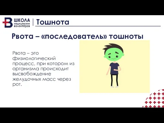 Тошнота Рвота – «последователь» тошноты Рвота – это физиологический процесс,