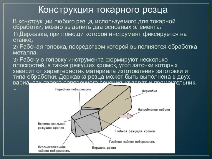 Конструкция токарного резца В конструкции любого резца, используемого для токарной