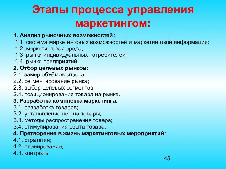 Этапы процесса управления маркетингом: 1. Анализ рыночных возможностей: 1.1. система