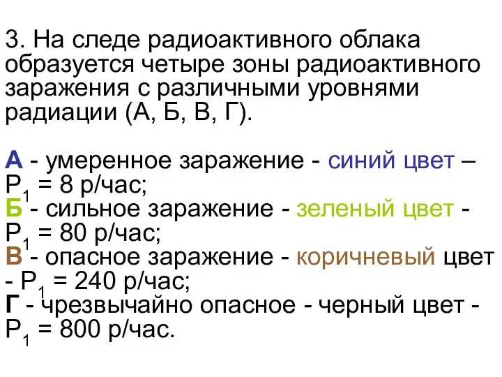 3. На следе радиоактивного облака образуется четыре зоны радиоактивного заражения