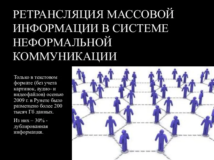 РЕТРАНСЛЯЦИЯ МАССОВОЙ ИНФОРМАЦИИ В СИСТЕМЕ НЕФОРМАЛЬНОЙ КОММУНИКАЦИИ Только в текстовом