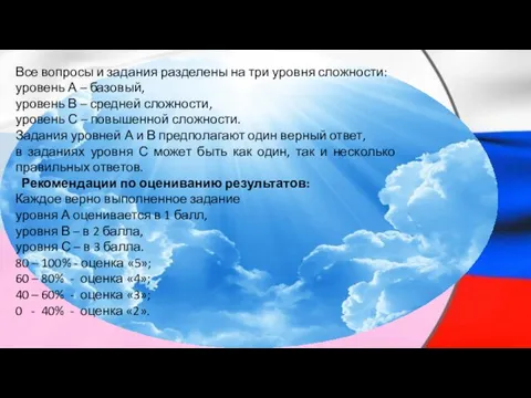 Все вопросы и задания разделены на три уровня сложности: уровень