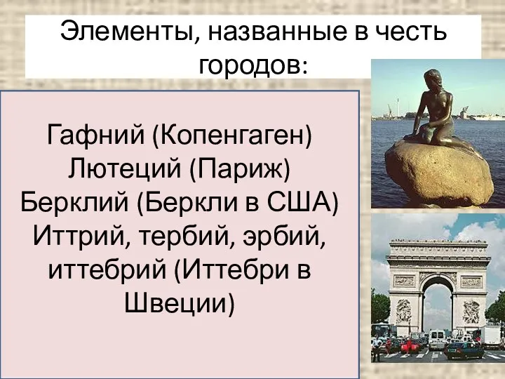 Элементы, названные в честь городов: Гафний (Копенгаген) Лютеций (Париж) Берклий