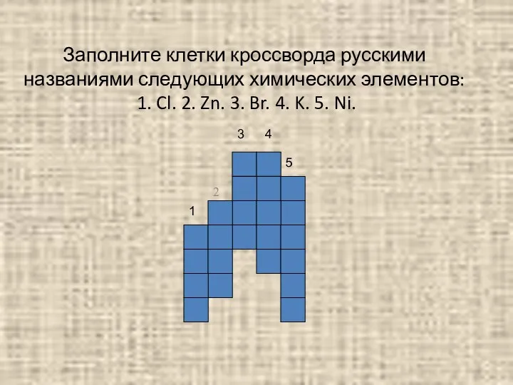 Заполните клетки кроссворда русскими названиями следующих химических элементов: 1. Cl.