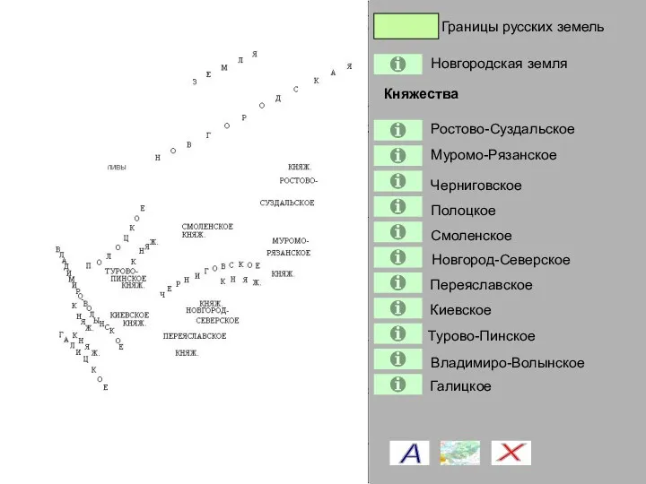 Владимиро-Волынское Границы русских земель Новгородская земля Ростово-Суздальское Муромо-Рязанское Черниговское Полоцкое