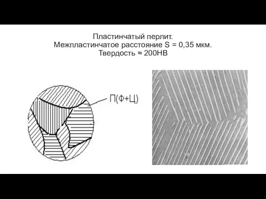 Пластинчатый перлит. Межпластинчатое расстояние S = 0,35 мкм. Твердость ≈ 200НВ