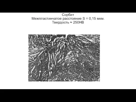 Сорбит Межпластинчатое расстояние S = 0,15 мкм. Твердость ≈ 250НВ