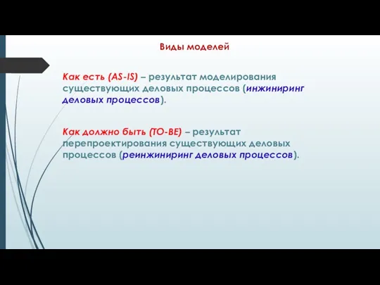 Виды моделей Как есть (AS-IS) – результат моделирования существующих деловых