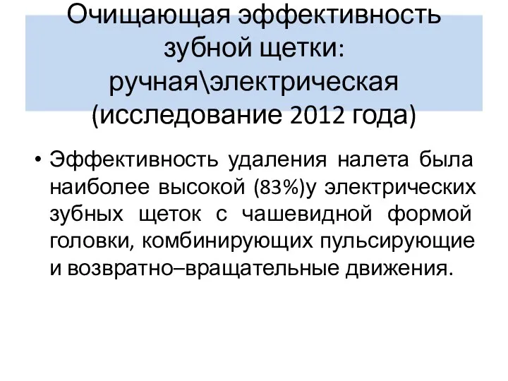 Очищающая эффективность зубной щетки: ручная\электрическая (исследование 2012 года) Эффективность удаления